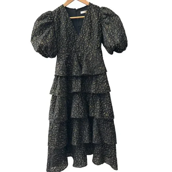 Marie Oliver Everly Embroidered Ruffle Organza Midi in Plume Dress Size 2
